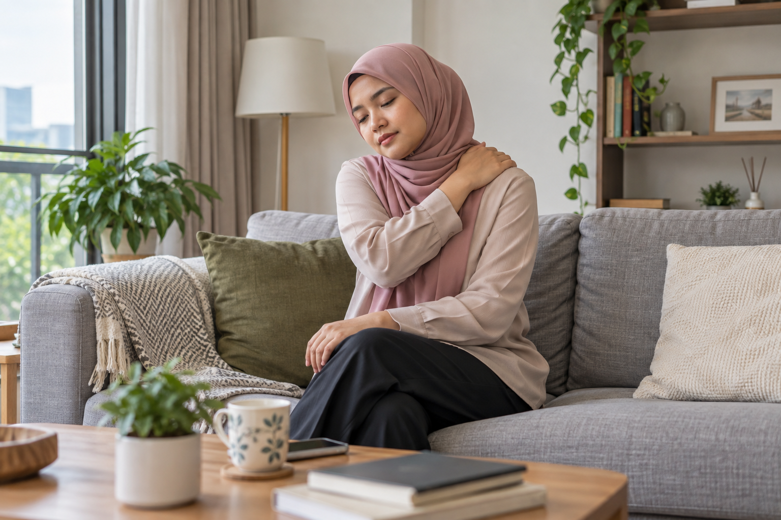 Pekerja wanita berehat di sofa sambil mengurut bahunya sendiri selepas bekerja, dalam ruang tamu yang kemas dengan cahaya semula jadi.