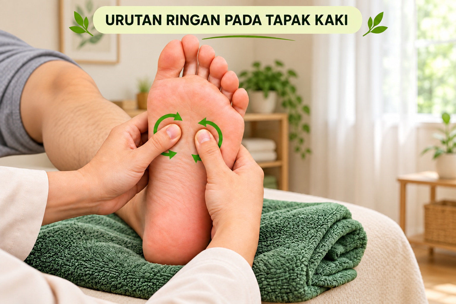 Pandangan dekat kaki di atas tuala dengan ibu jari membuat bulatan kecil pada tapak kaki. Tunjukkan tanda elak pada tulang buku lali, tendon belakang tumit dan sebarang luka.