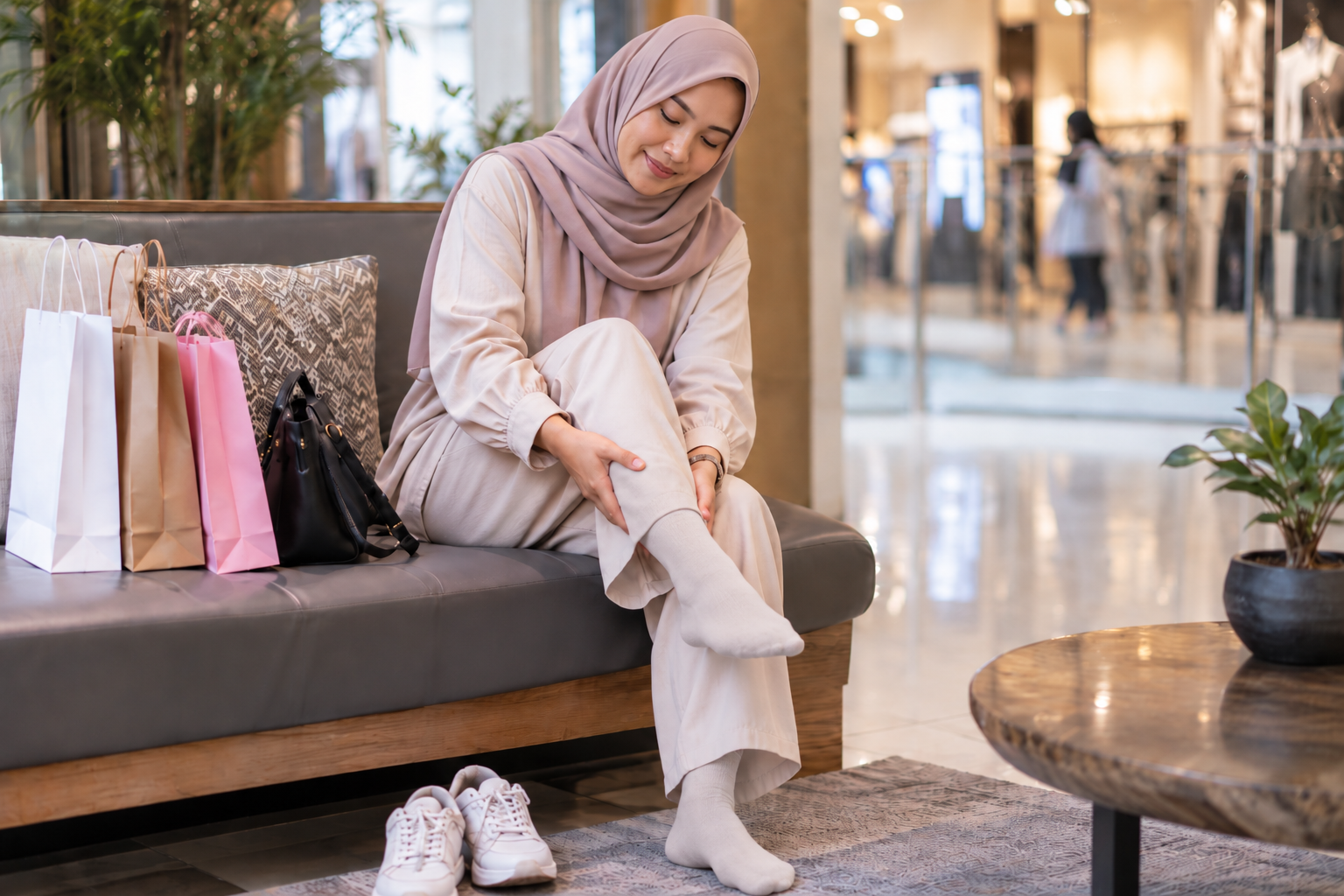 Visual editorial realistik berkaitan “Rutin Urutan Selepas Membeli-belah atau Berjalan Lama”,