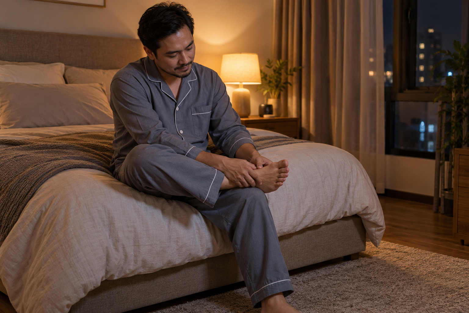 An adult in modest sleepwear gently massaging the feet in a calm bedroom with soft lighting.