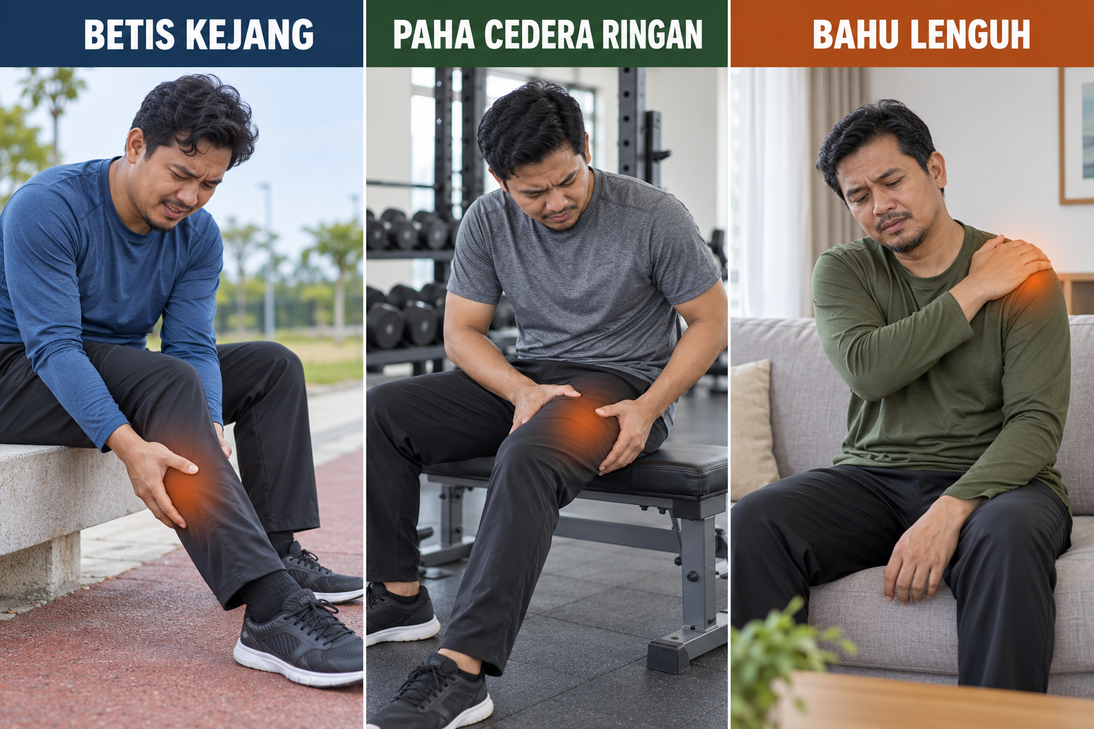 Infografik realistik tiga panel: betis kejang, paha cedera ringan dan bahu lenguh, tanpa gambaran kecederaan grafik.
