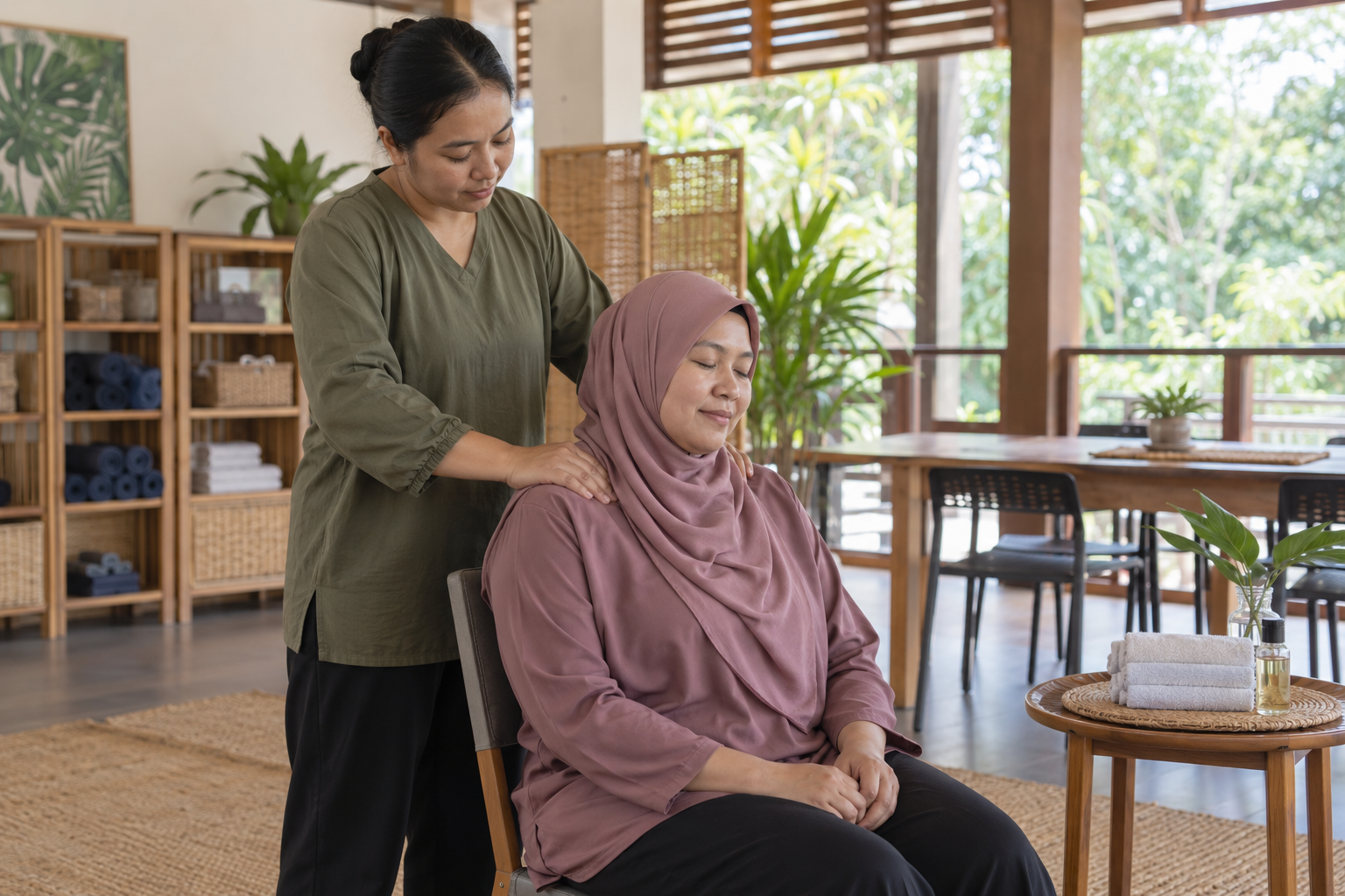 A female Bornean massage therapist massages the shoulder of a woman using Bornean massage technique