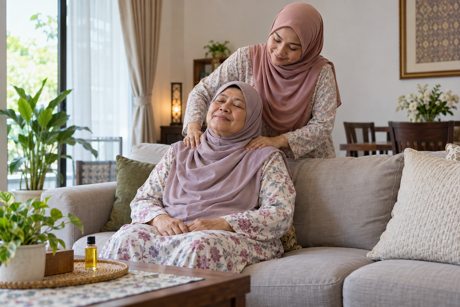 Anak dewasa mengurut bahu ibu yang berpakaian sopan di ruang tamu; botol minyak kecil di atas meja pada skala realistik.