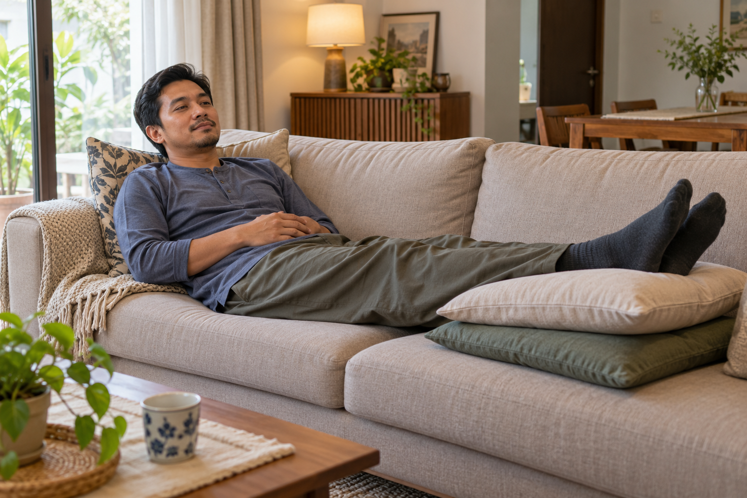 Seorang lelaki berpakaian sopan berehat di sofa dengan kedua-dua kaki berstokin ditinggikan di atas bantal dalam ruang tamu yang kemas dan bercahaya semula jadi.