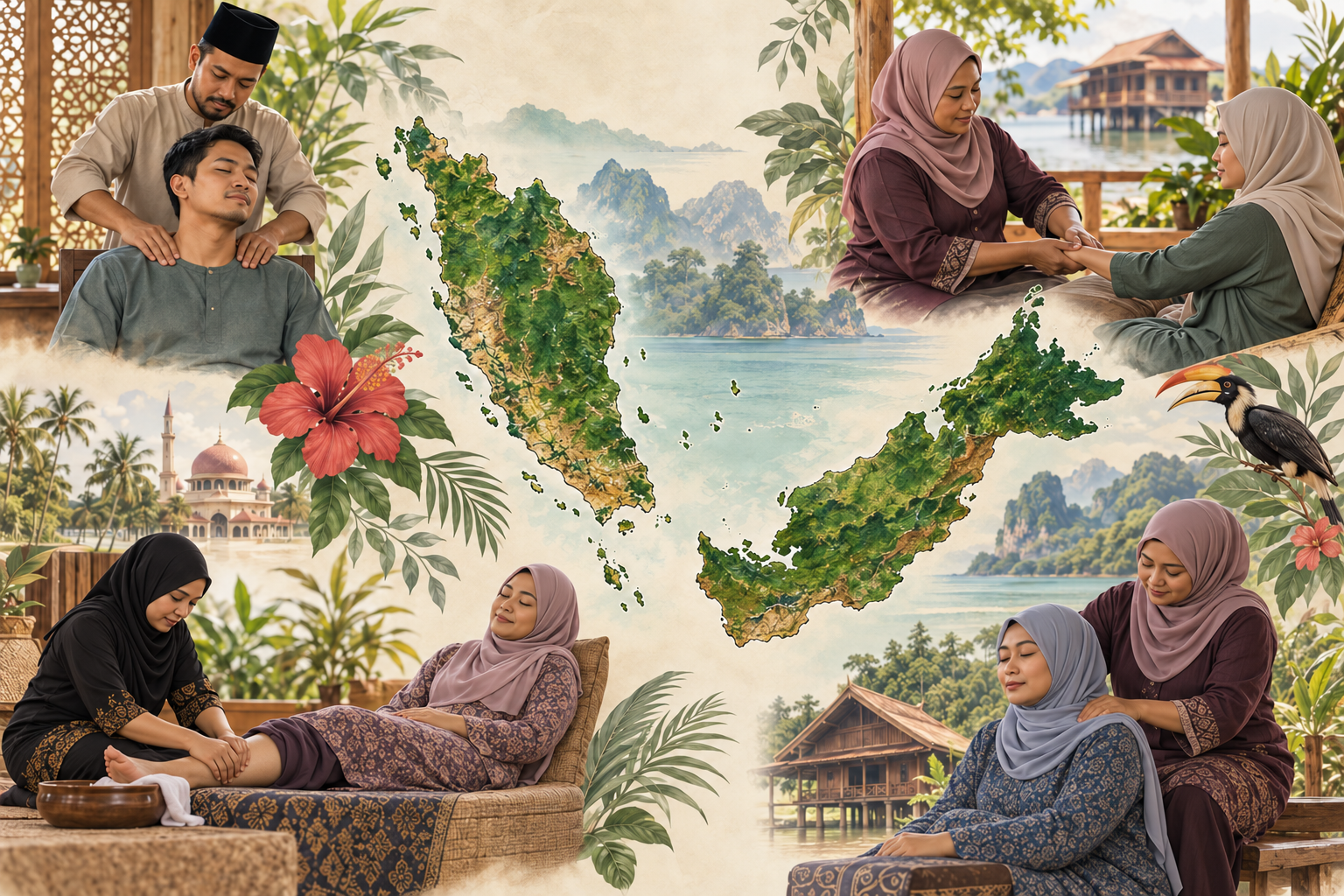 Map of Malaysia with four different massage techniques according to the state's tradition
