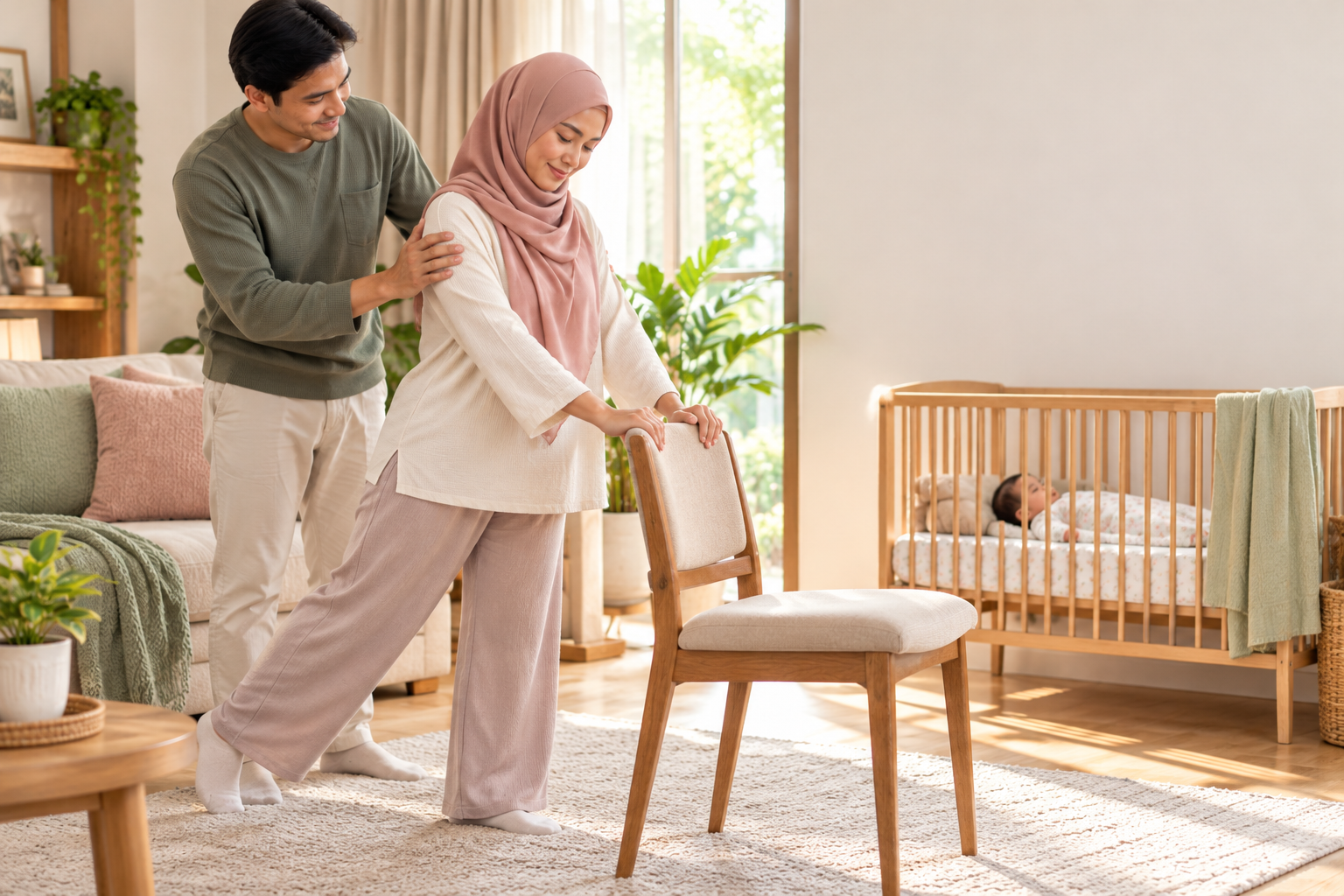 A mother walks slowly through a safe space at home during confinement, accompanied by a family member.