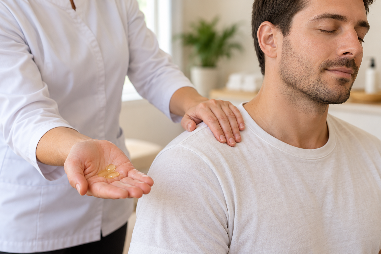 A hand gently applies a small amount of massage oil to the shoulder using slow, controlled movements.