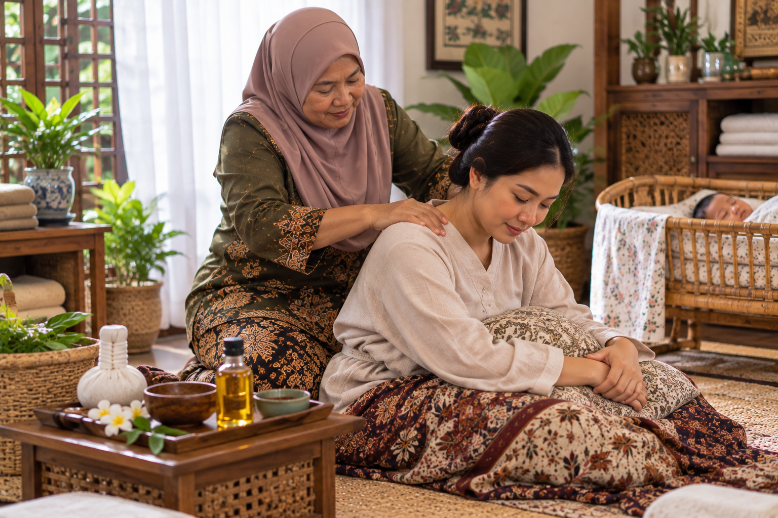 urutan selepas bersalin, urut pantang, budaya berpantang Melayu, penjagaan ibu bersalin, urutan postnatal