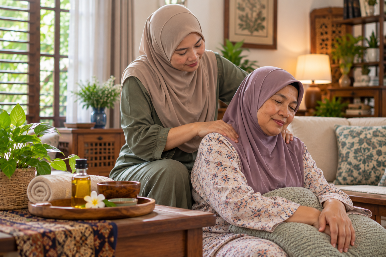 urut keluarga, cara mengurut di rumah, budaya Melayu, urutan ringan, penjagaan ibu bapa