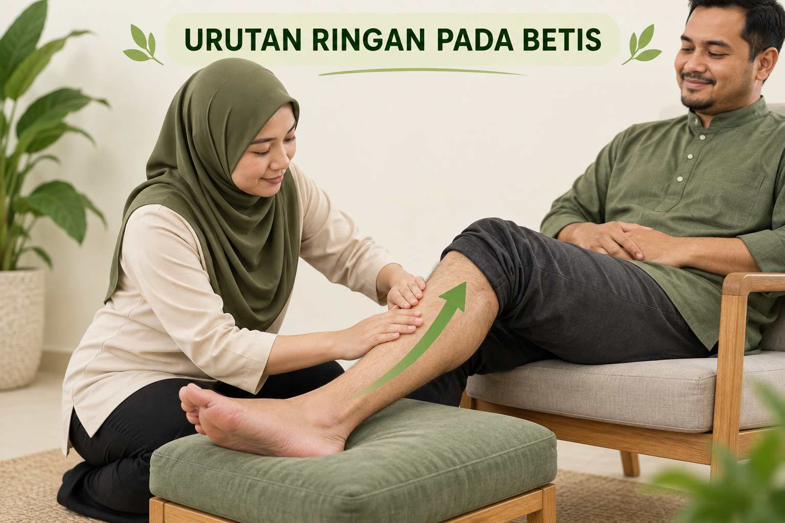 Seorang dewasa duduk dengan betis disokong, tangan membuat sapuan dari atas buku lali ke arah bawah lutut.