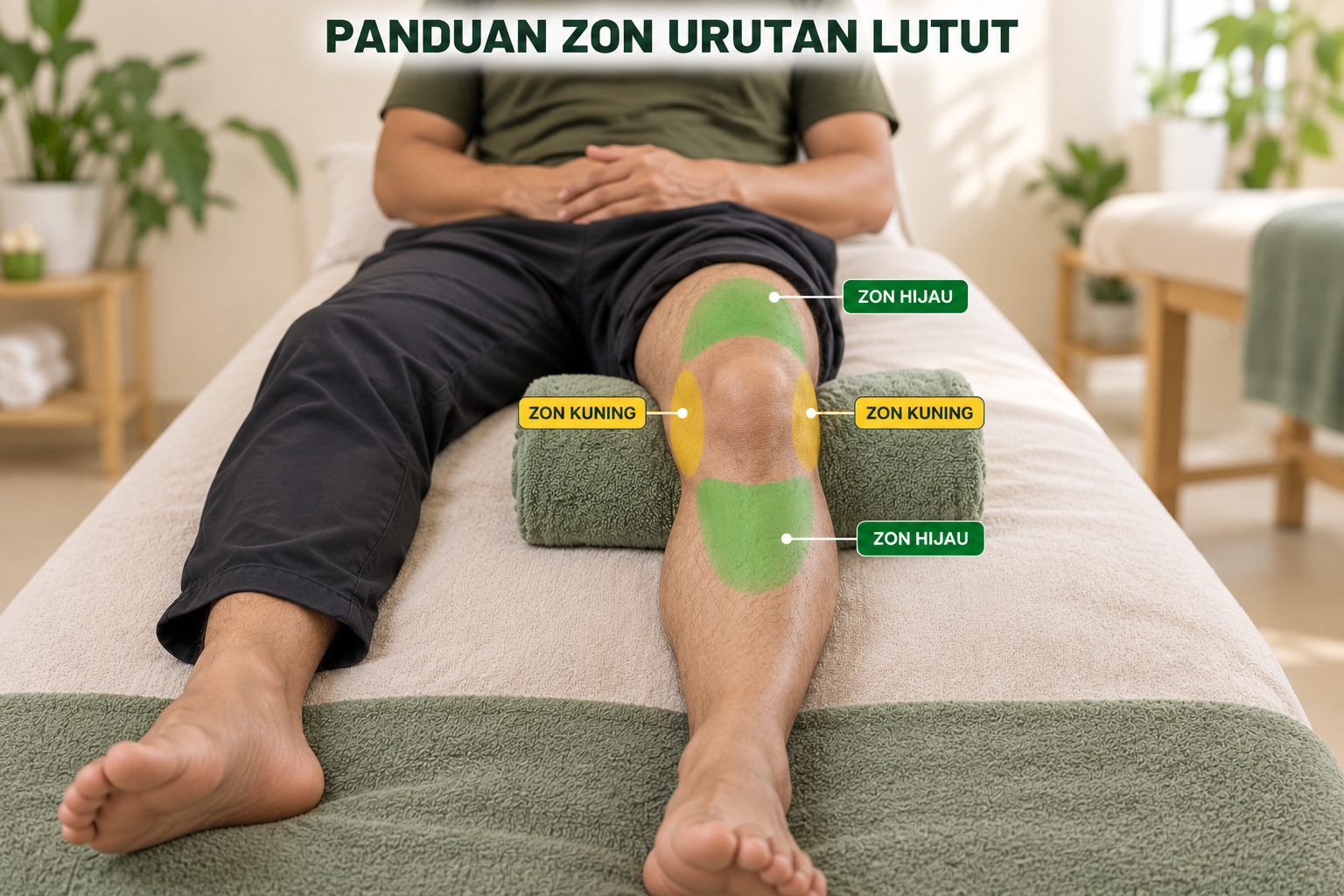 Pandangan hadapan lutut yang disokong tuala. Tandakan zon hijau pada otot di atas dan bawah lutut, zon kuning di sisi, serta zon merah pada tempurung dan lipatan belakang lutut.