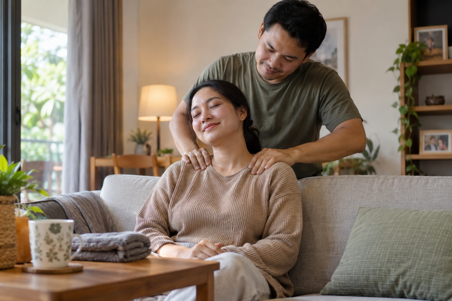 Visual editorial realistik berkaitan “Cara Membantu Pasangan yang Mengalami Lenguh Badan”,