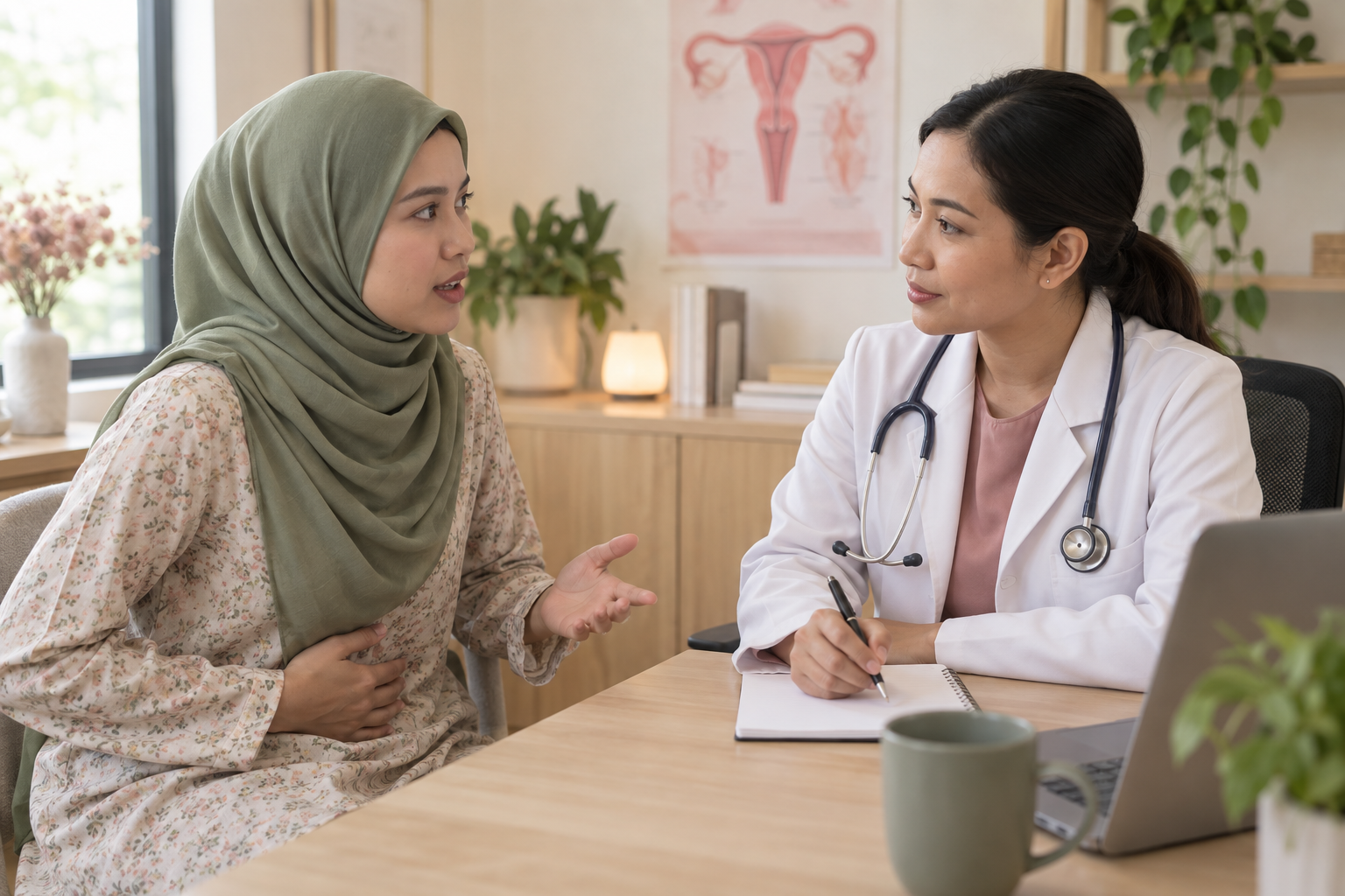Wanita berbincang dengan doktor wanita tentang gejala haid di klinik.
