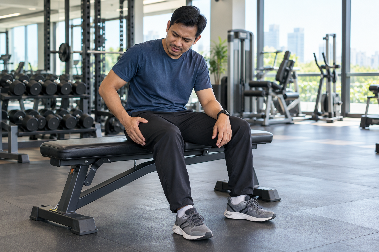 Lelaki dewasa berpakaian sukan sopan duduk berehat di bangku gym yang terang sambil memegang paha yang lenguh selepas bersenam.