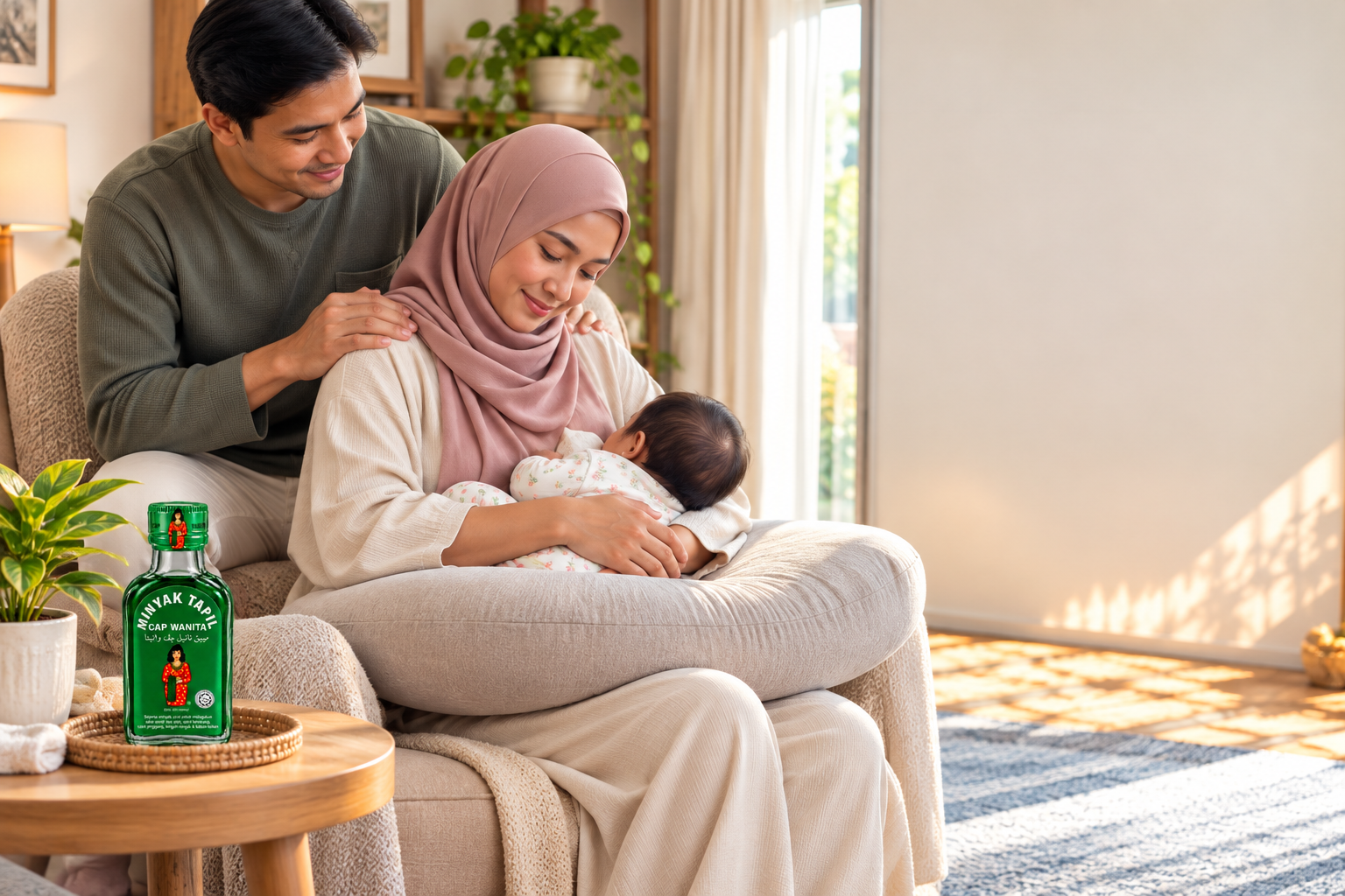 Ibu menyusukan bayi dengan bantal sokongan sambil duduk dalam posisi bahu dan belakang yang selesa.