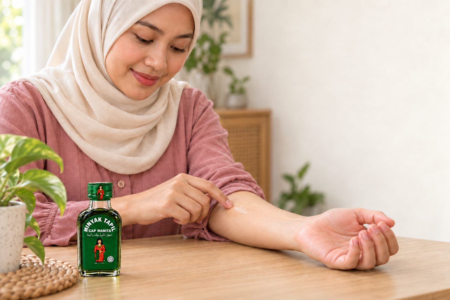 Ibu berpantang menyapu sedikit minyak pada bahu selepas melakukan ujian tampalan pada kulit.