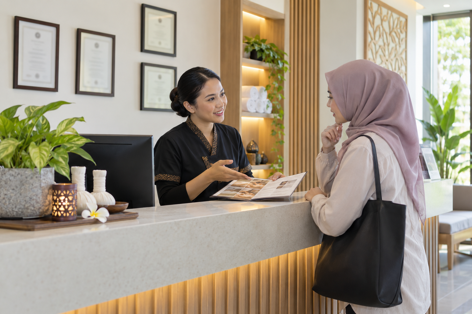 Seorang wanita mendapatkan info tentang kesahihan tukang urut di spa