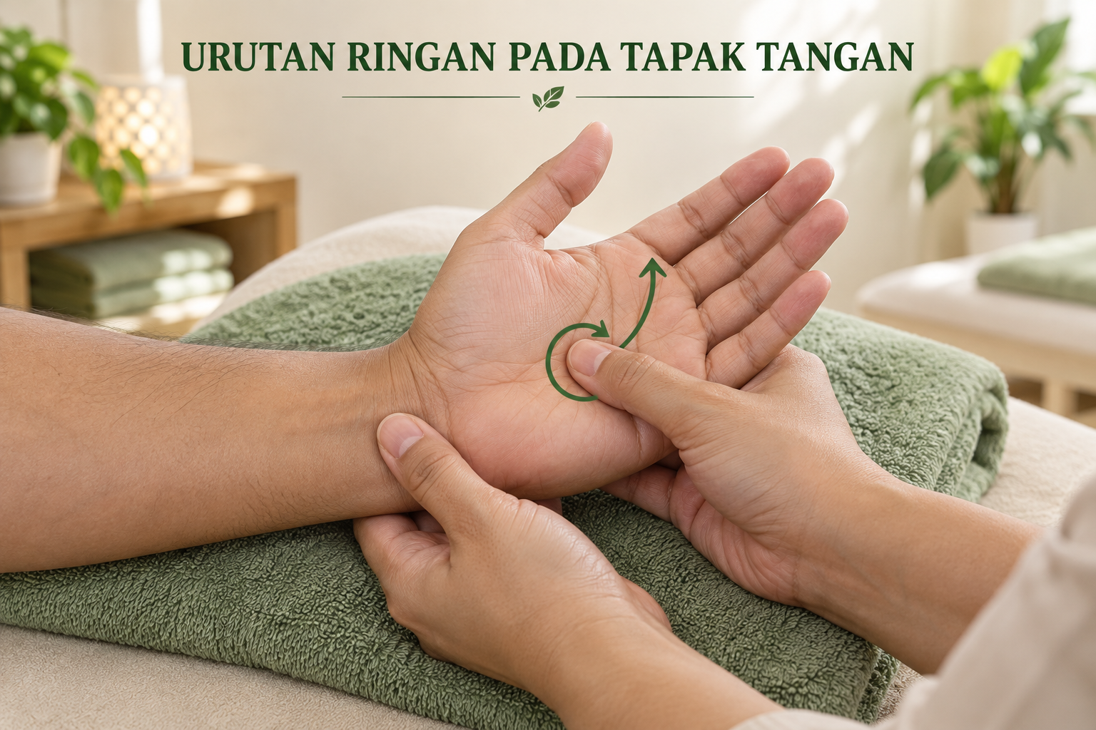 Pandangan dekat tapak tangan yang disokong di atas tuala, dengan ibu jari membuat bulatan dari tengah tapak tangan ke pangkal jari. Tunjukkan arah anak panah yang ringkas dan tidak bersilang.