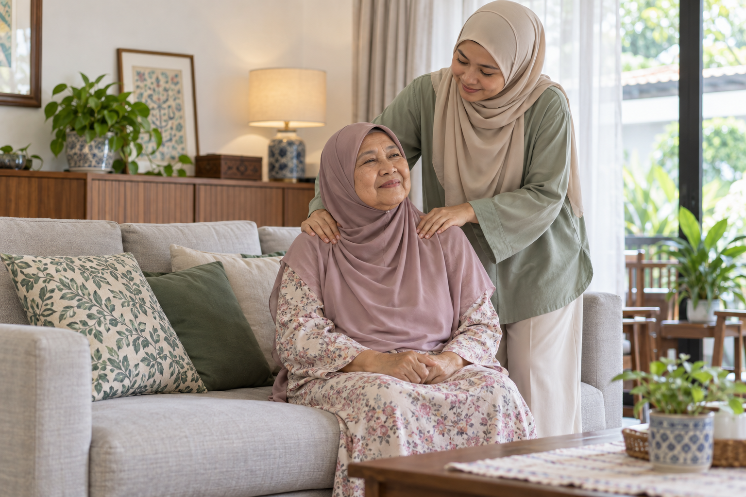 An adult daughter gently massages her elderly mother’s shoulders while she sits on a sofa in a tidy, bright family living room