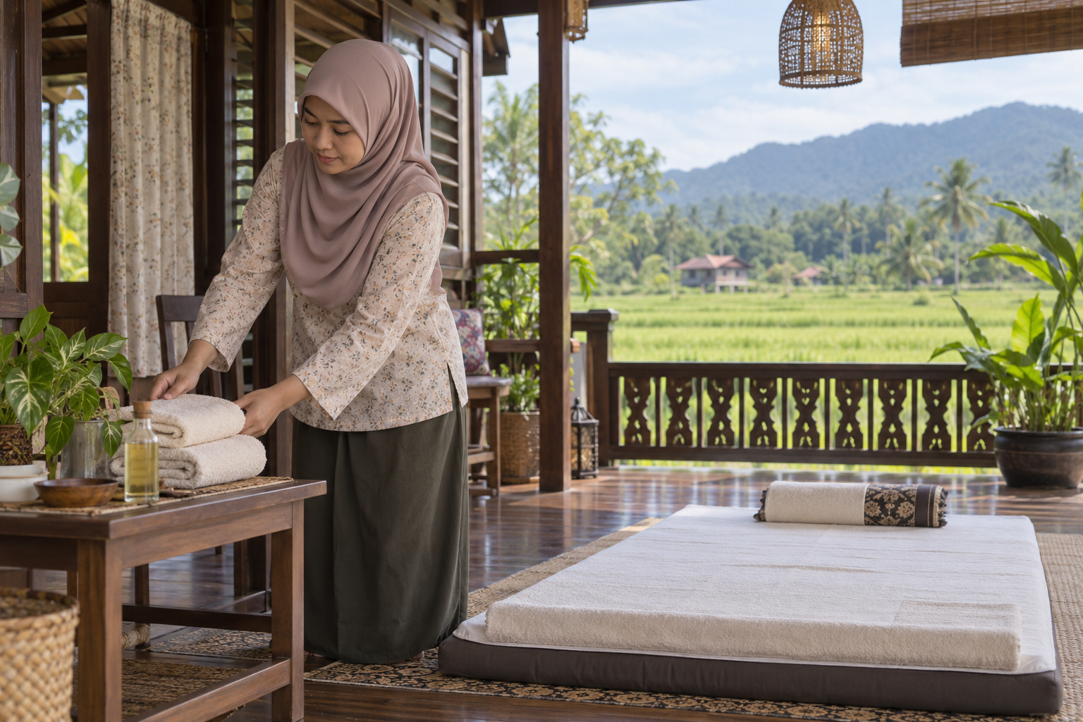 A female massage therapist preparing towels for a massage session with the Malaysian paddy field background