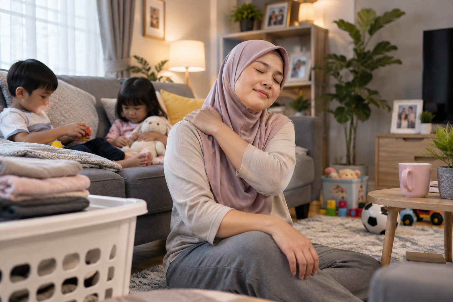 Visual editorial realistik berkaitan “Urutan Ringan untuk Ibu Bapa yang Penat Menguruskan Keluarga”, 