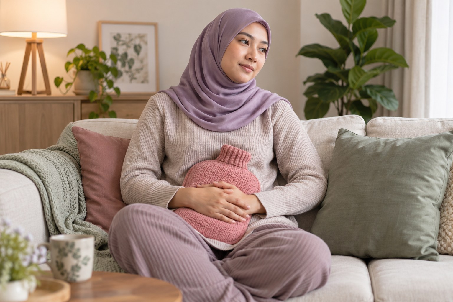 Wanita bertudung berehat di sofa dengan tangan pada perut yang dilitupi pakaian.