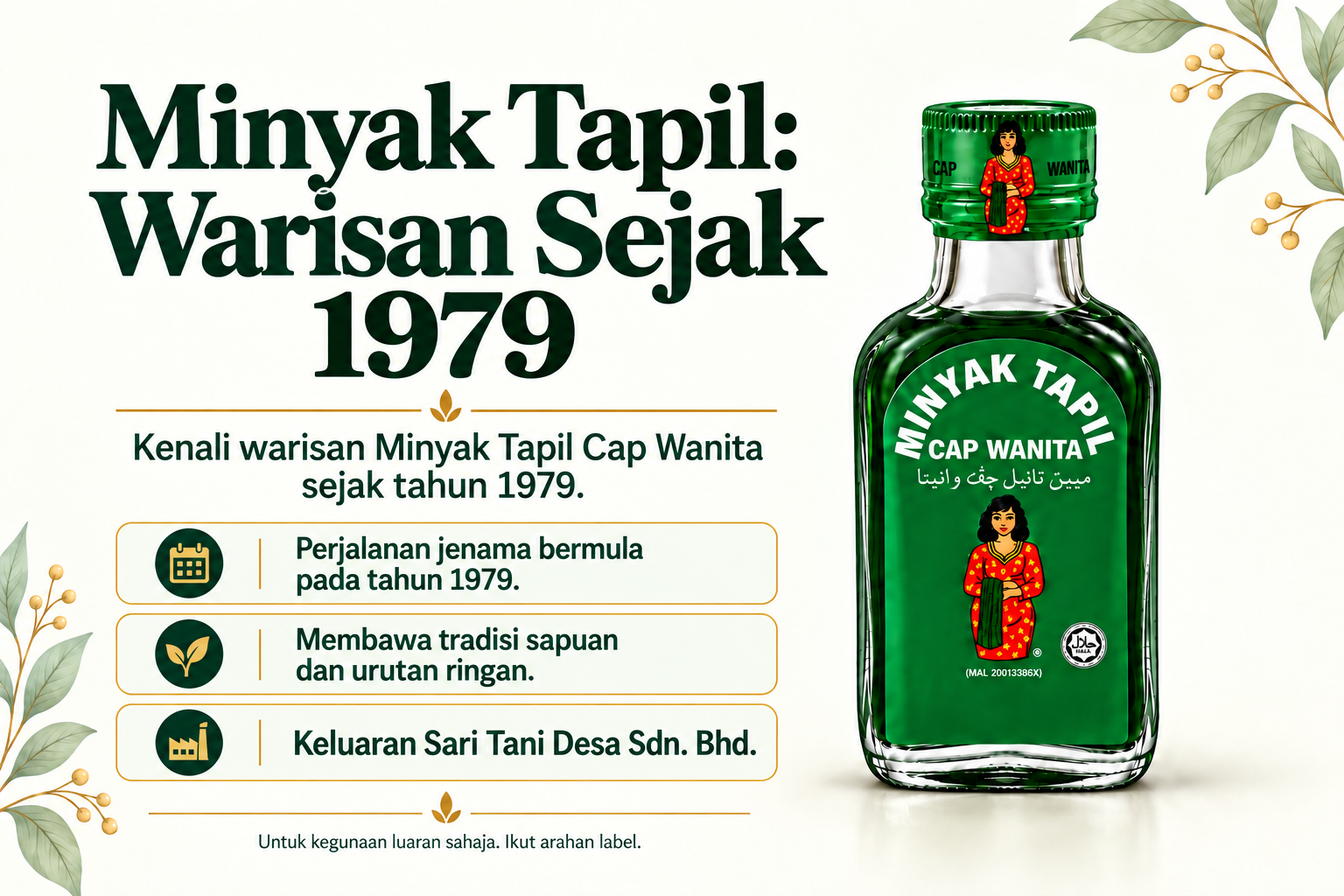 Infografik warisan Minyak Tapil sejak 1979 dengan botol produk, tahun permulaan jenama, tradisi urutan dan nama pengeluar.