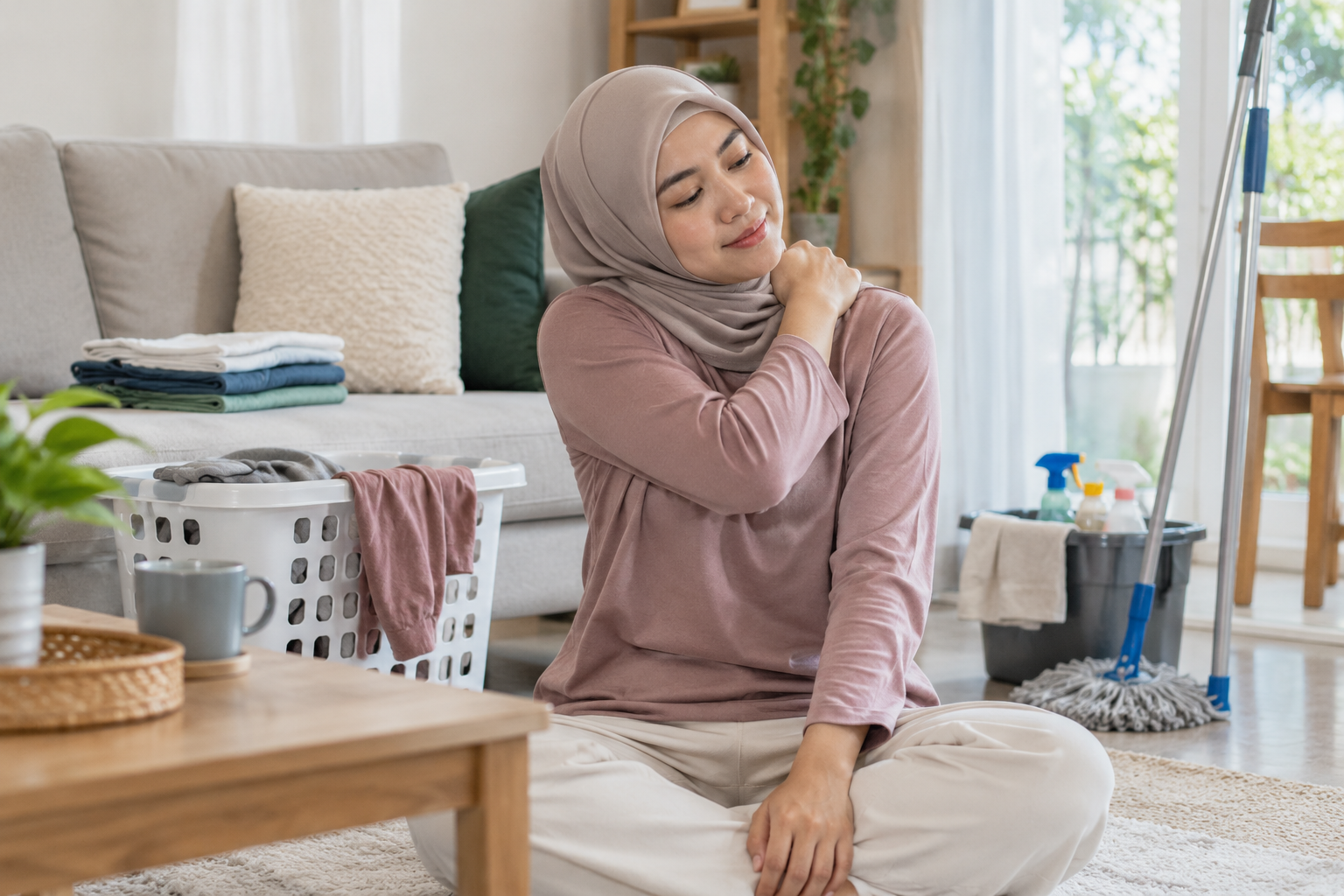 A realistic editorial visual for “A Gentle Massage Routine After Doing Housework”